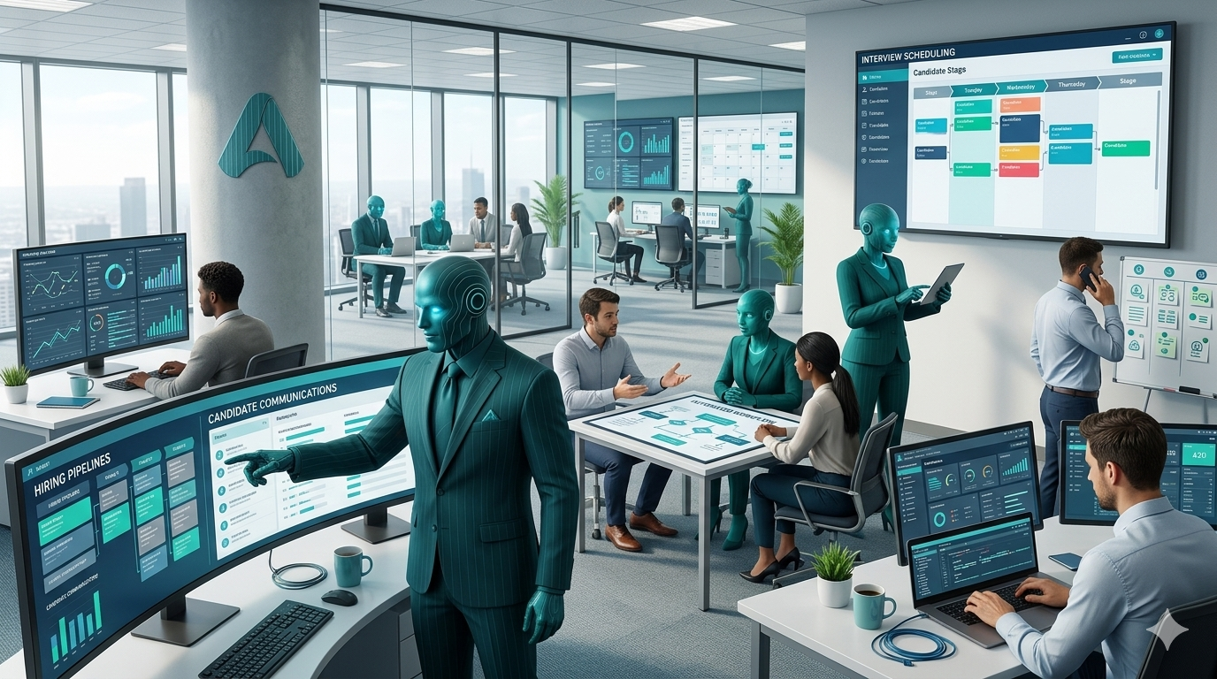 Talent Frequency mascot recruiting team working efficiently in a modern office